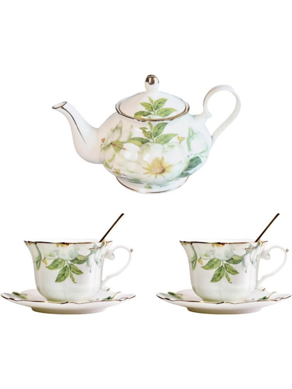 Charming Vintage Floral Tea Set - 22oz Teapot, 2 Cups & Saucers, Gold Trim